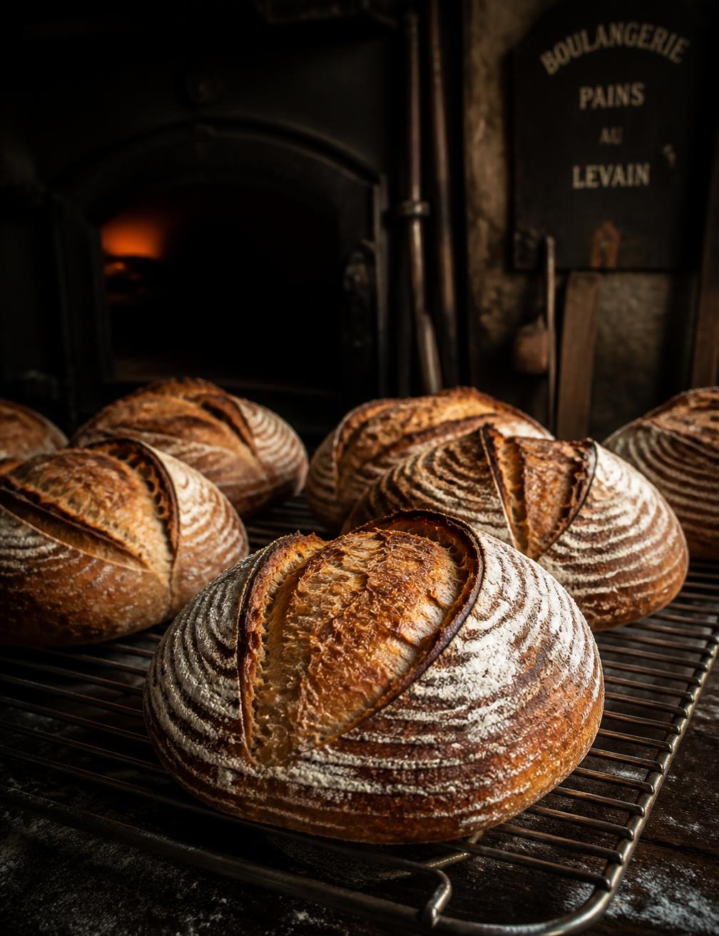 Pains au levain refroidissant devant le four du fournil