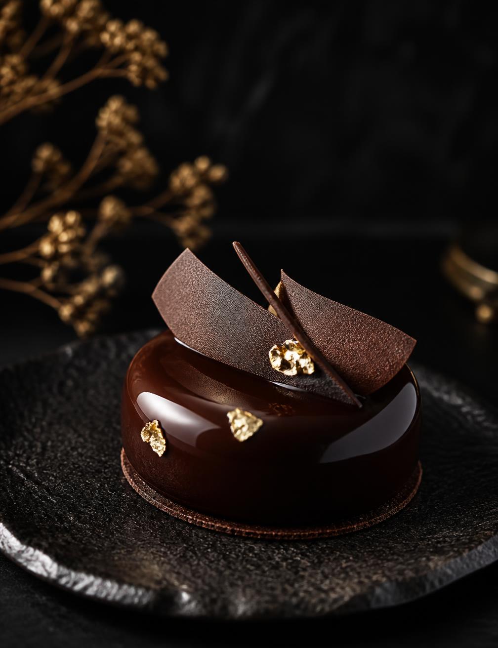 Entremets au chocolat noir glacé miroir sur assiette sombre