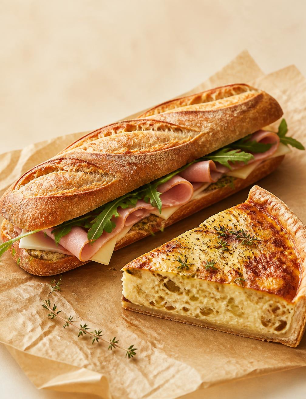 Sandwich baguette et part de quiche sur papier kraft