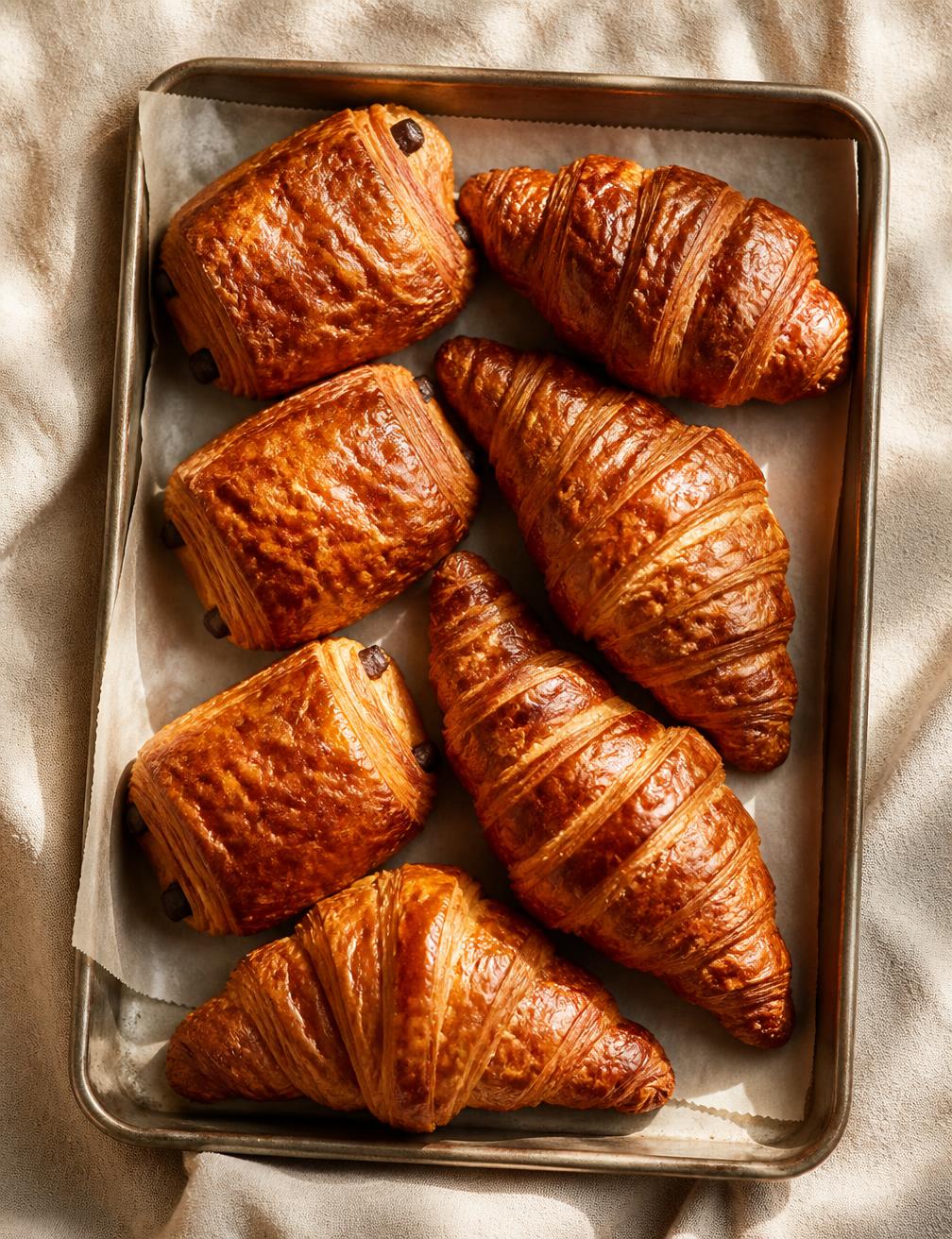 Croissants et pains au chocolat dorés sur une plaque
