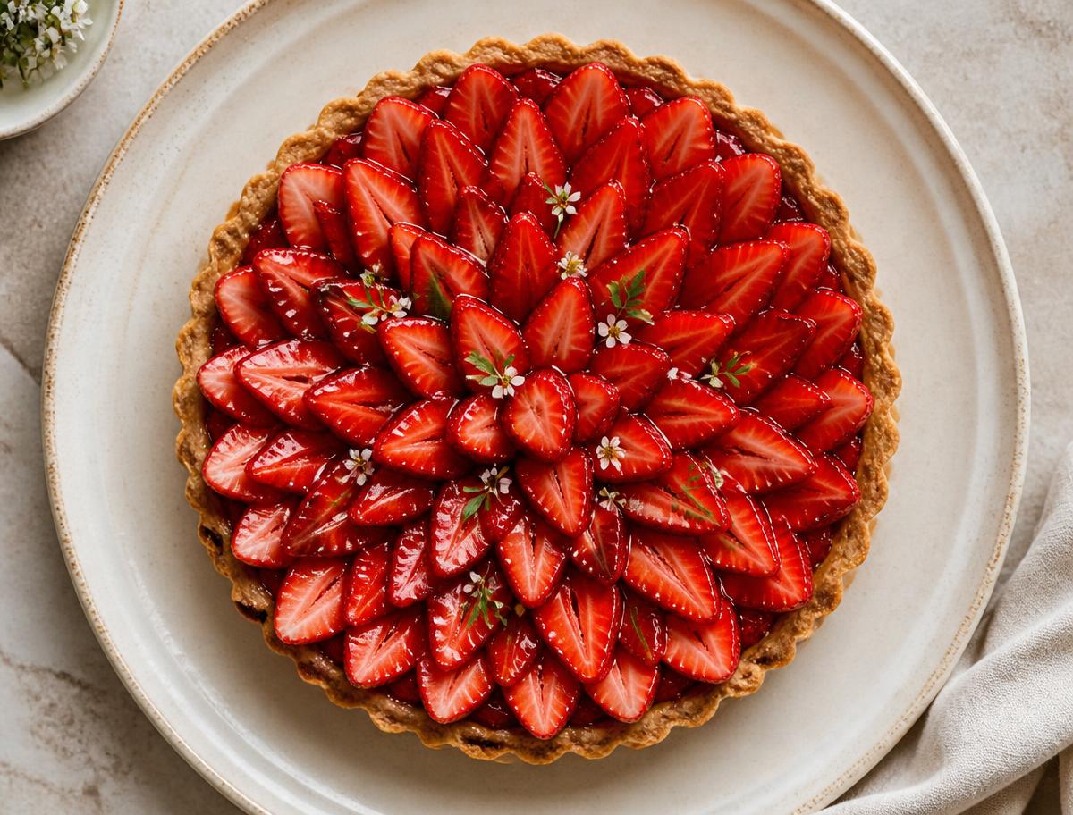 Tarte aux fraises de saison vue du dessus
