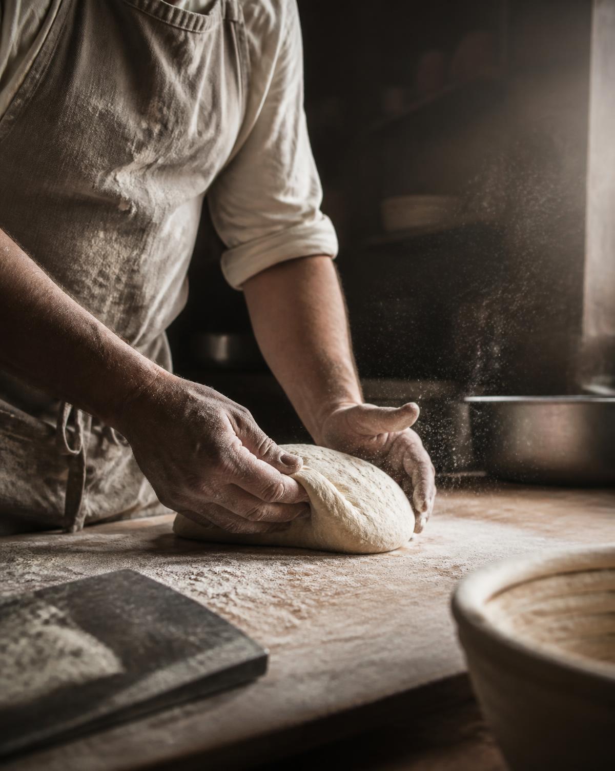 Mains de boulanger façonnant une pâte à pain sur le plan fariné