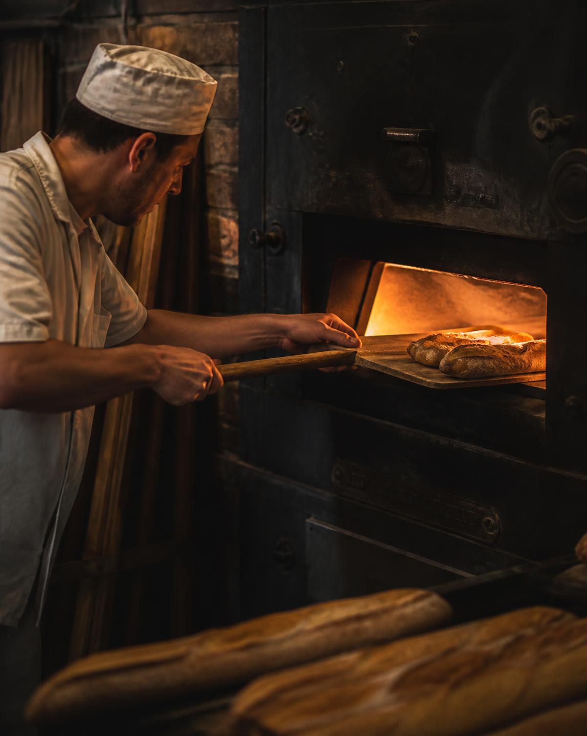 Boulanger enfournant des baguettes dans un four à sole